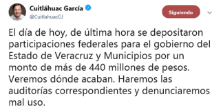 Gobernador electo denuncia depósito de última hora por 400 mdp a Veracruz