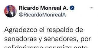 Monreal agradece a Senadores y Senadoras su apoyo .