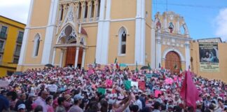 En Xalapa protestan en defensa del INE y pintan de rosa plazas públicas. .