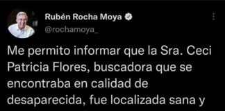 Asegura Gobierno de Sinaloa que Ceci Flores apareció sana y salva.