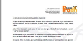 Centro Prodh responde a información falsa de López Obrador sobre su trabajo.