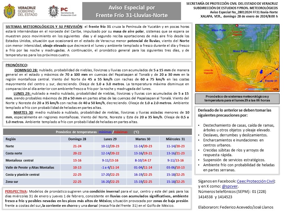 Aviso Especial de PC Veracruz por frente frío Lluvia-Norte