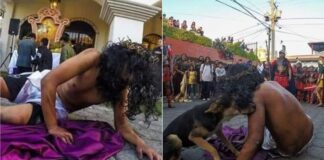 Lomito callejero consuela a actor que interpretaba a ‘Jesús’ en vía crucis.