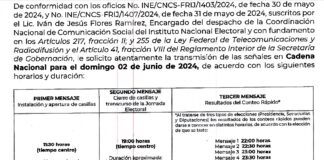 INE convoca a por lo menos 4 cadenas nacionales para el domingo 2 de junio.