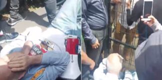 Magistrado cae en forcejeo de portazo al Congreso de Veracruz.