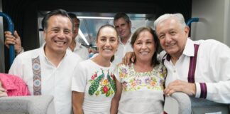 Rocío Nahle acompaña a AMLO y Sheinbaum en recorrido del Tren Maya .