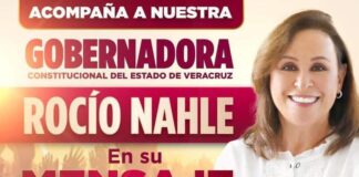 Rocío Nahle en la Plaza Lerdo en su primer mensaje al Pueblo