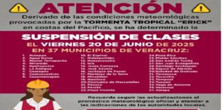 Veracruz suspende clases en 37 municipios este viernes por efectos de Erick