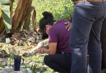 Maestros del TEBAEV Pinoltepec oran en el sitio de la tragedia y acompañan a la familia de Celeste.