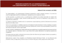 Gobernadoras y gobernadores de la 4T condenan violencia y respaldan a la presidenta