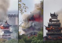 Incendio consume el histórico pabellón Wenchang del templo Yongqing en Jiangsu, China