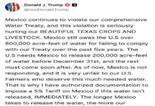 Trump amenaza con arancel de 5% a México por incumplir tratado de aguas.
