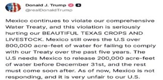 Trump amenaza con arancel de 5% a México por incumplir tratado de aguas.