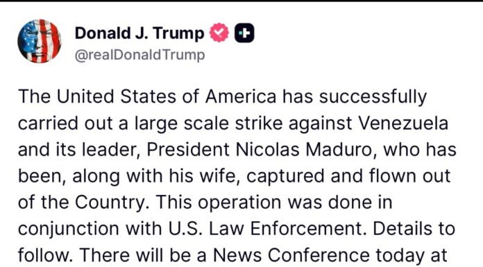 Donald Trump anunció en su cuenta de Truth Social la captura de Nicolás Maduro y su esposa, Cilia Flores.
