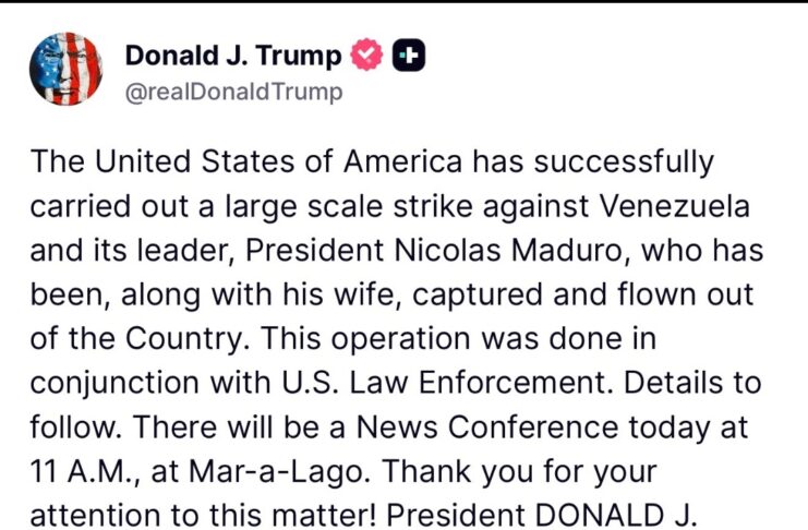 Donald Trump anunció en su cuenta de Truth Social la captura de Nicolás Maduro y su esposa, Cilia Flores.