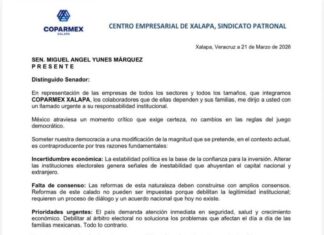 Coparmex Xalapa llama a Yunes Márquez a frenar reforma electoral.