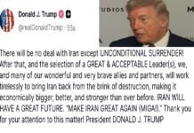 Donald Trump advierte a Irán que la única salida es la rendición total.