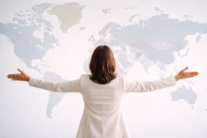Mujer empoderada frente al mapa mundial