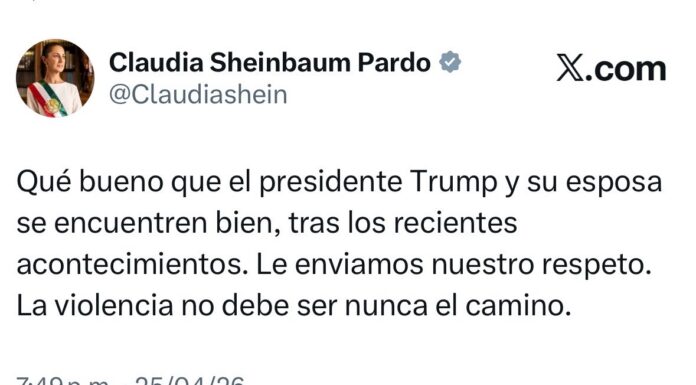 Sheinbaum condena atentado contra Trump y reafirma rechazo a la violencia