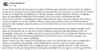Meade acusa a Héctor Yunes de irse del PRI por ambición.