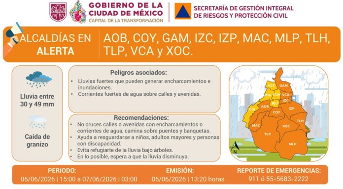 CDMX activa alerta naranja y alerta amarilla por lluvias fuertes y caída de granizo