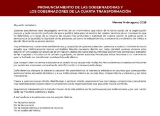 Gobernadoras y Gobernadores de la 4T cierran filas ante señalamientos y reclaman respeto a la soberanía