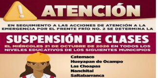 Continúa suspensión de clases en 8 municipios en el sur de Veracruz