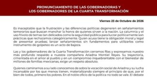 Gobernadoras y Gobernadores de Morena cierran filas con Ariadna Montiel y exigen pruebas a Maru Campos