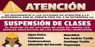 Continua suspensión de clases en 10 municipios en el sur de Veracruz